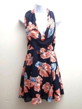 Lulu's Medium Navy Floral Cowl Neck Mini Dress with Coral Blossoms